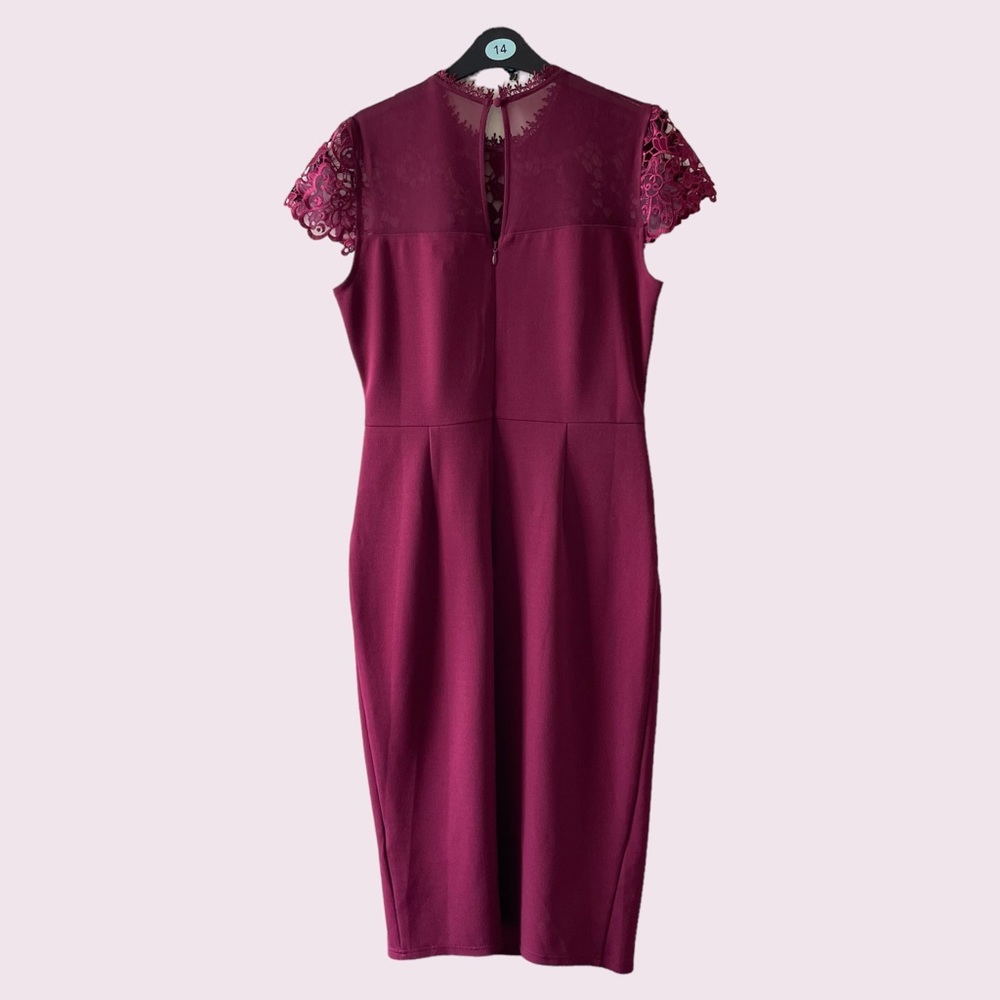 LIPSY Burgundy Insert Lace Midi Dress Size 14 - Picture 3 of 5